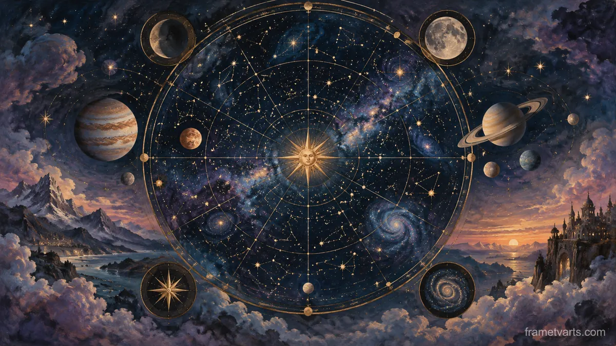 Imaginary celestial map without labels – magical realist oil painting Samsung Frame TV art, 4K