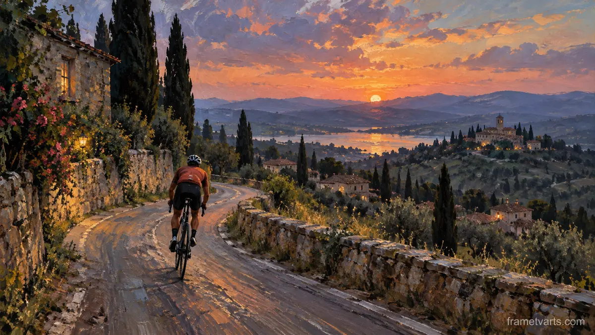 Cyclist on a winding country road – expressive figurative painting Samsung Frame TV art, 4K