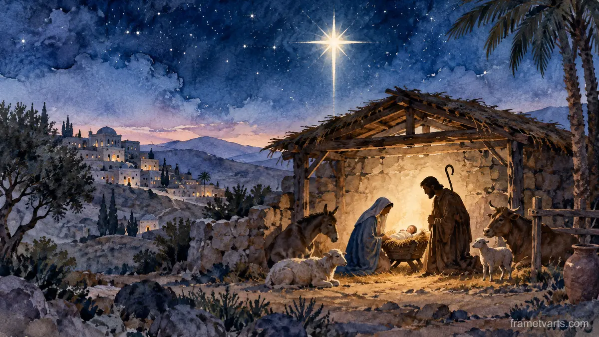 Nativity silhouette under a starry sky – elegant watercolor Samsung Frame TV art, 4K