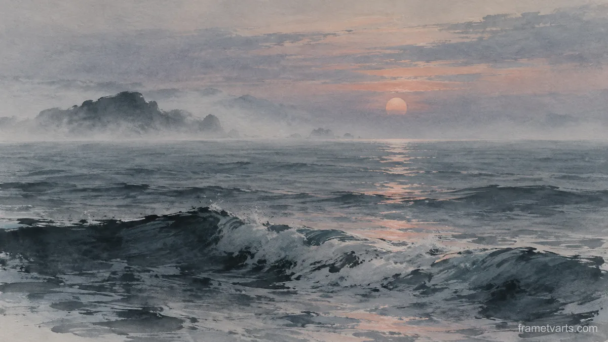 Open sea and distant horizon in soft mist – minimal ink and wash Samsung Frame TV art, 4K