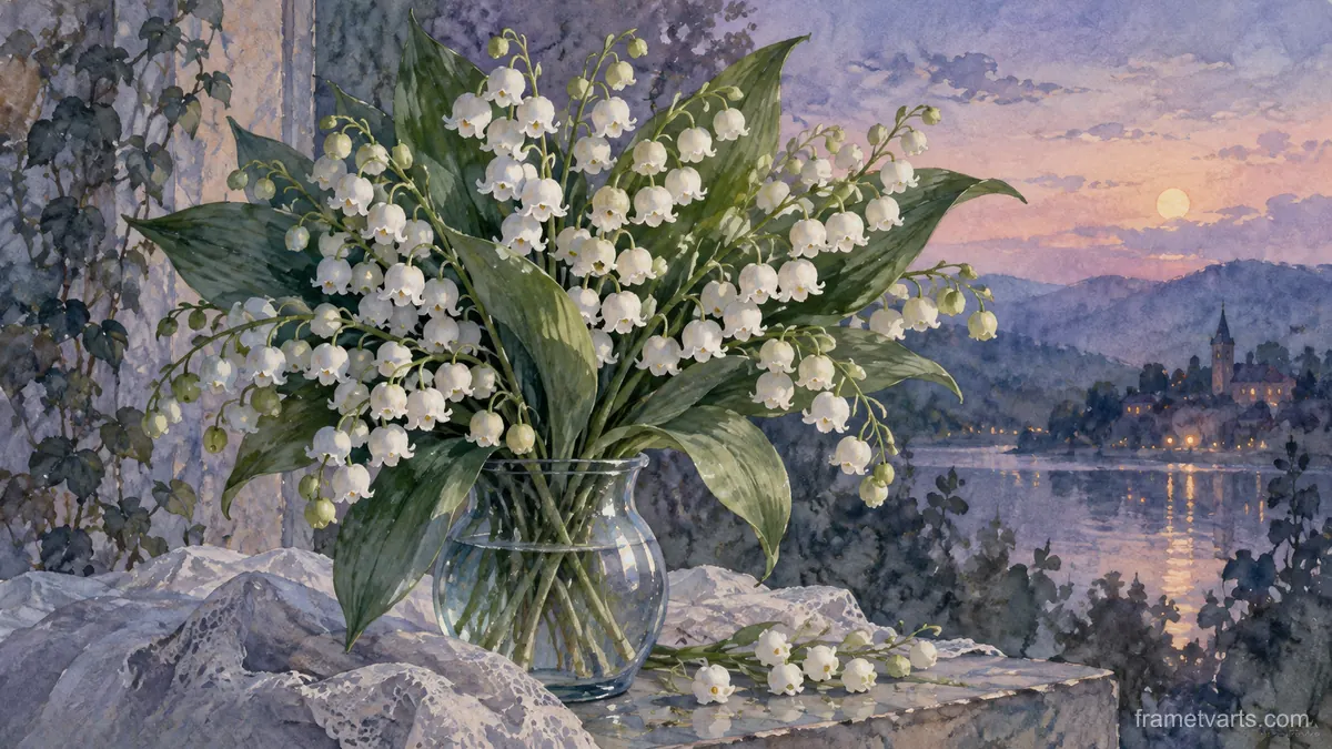 Birth-flower-inspired bouquet of lilies of the valley – delicate watercolor keepsake composition Samsung Frame TV art, 4K