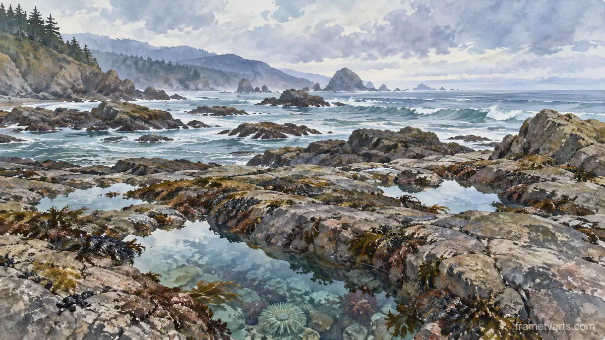 Tide pools scattered across rocky shore – coastal watercolor Samsung Frame TV art, 4K