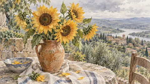 Golden sunflowers in an earthenware jug – botanical watercolor Frame TV art