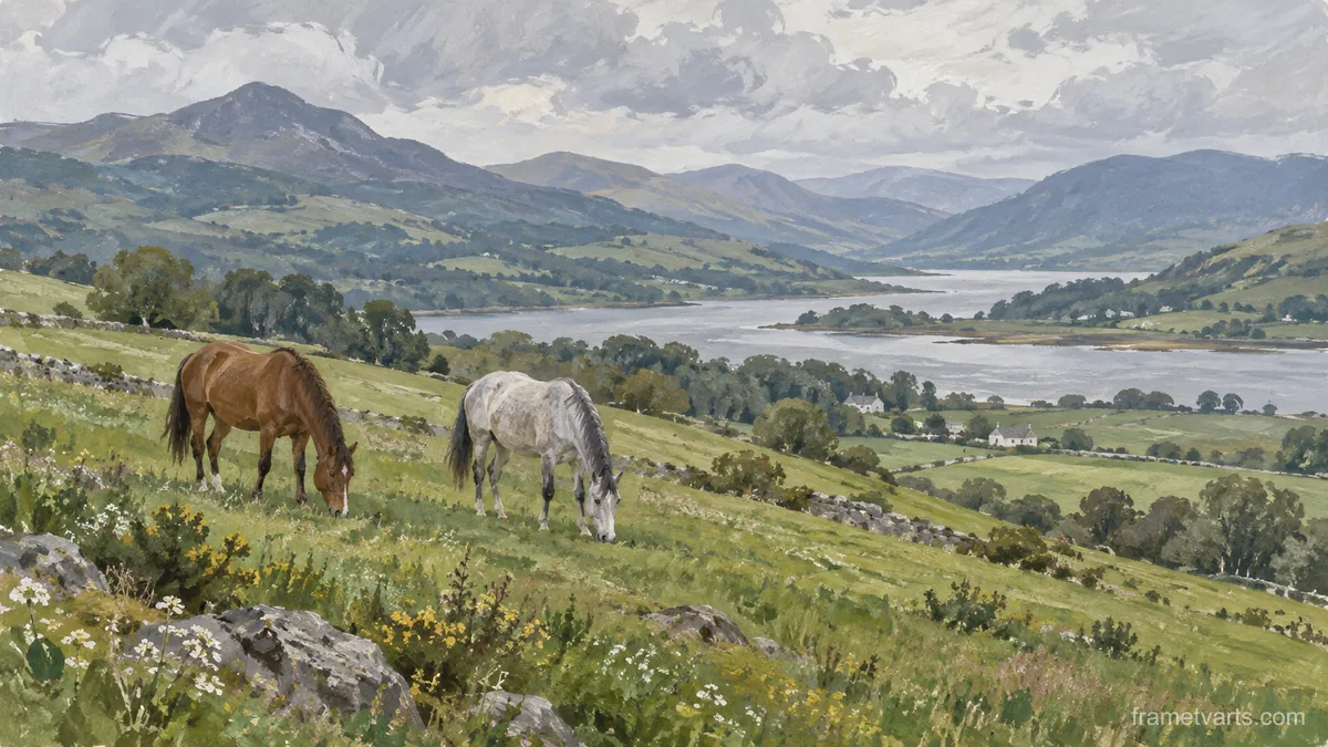 Two horses grazing on rolling pasture – naturalist gouache Samsung Frame TV art, 4K