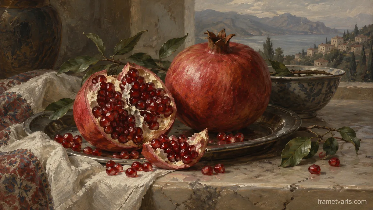 Pomegranate split beside whole fruit – classical oil still life Samsung Frame TV art, 4K