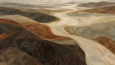 Rhythmic thin lines bending across layered fields – earth-tone textured abstraction Frame TV art