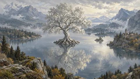 Silver tree growing from a still lake – magical realist oil painting Frame TV art