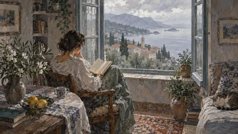 Reader beside an open window – expressive figurative painting Frame TV art