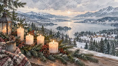 Winter solstice candles and evergreen boughs – elegant watercolor Frame TV art