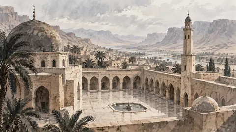 Desert prayer courtyard without people or lettering – minimal ink and wash Frame TV art