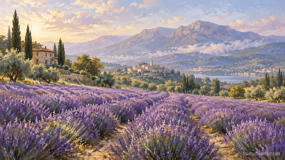 Lavender field beside distant mountains – tonal oil painting Samsung Frame TV art, 4K