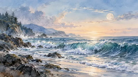 Ocean swell beneath a pale moon – coastal watercolor Frame TV art