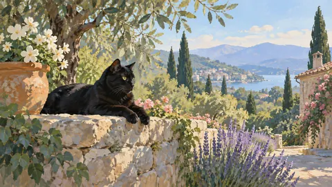 Black cat resting in a sunlit garden – naturalist gouache Frame TV art