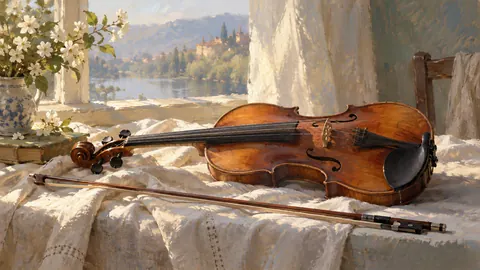 Violin and bow on folded linen – expressive figurative painting Frame TV art
