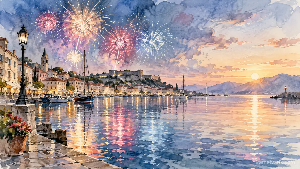 New Year fireworks reflected across a quiet harbor – elegant watercolor Samsung Frame TV art, 4K