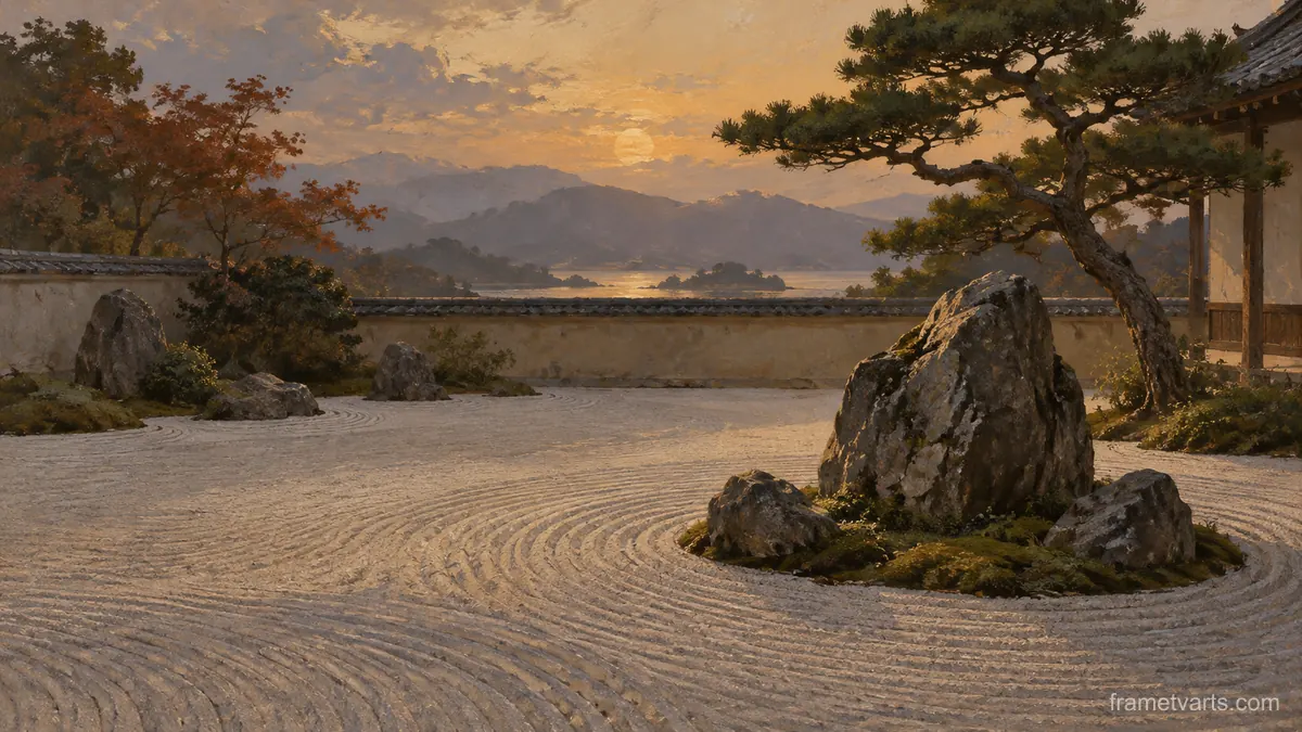 Quiet zen rock garden with carefully raked sand – atmospheric tonal painting Samsung Frame TV art, 4K