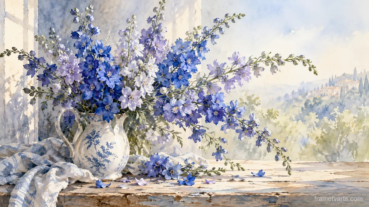 Birth-flower-inspired bouquet of larkspur – delicate watercolor keepsake composition Samsung Frame TV art, 4K