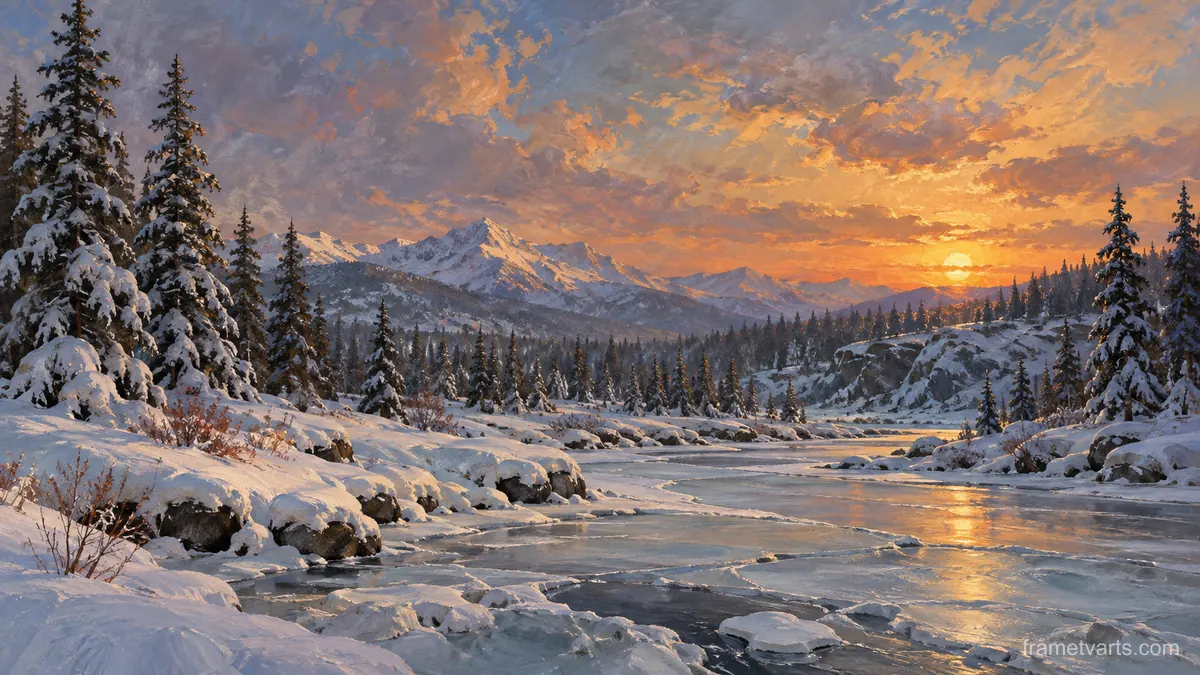 Snow-laden pine forest beside frozen creek – tonal oil painting Samsung Frame TV art, 4K