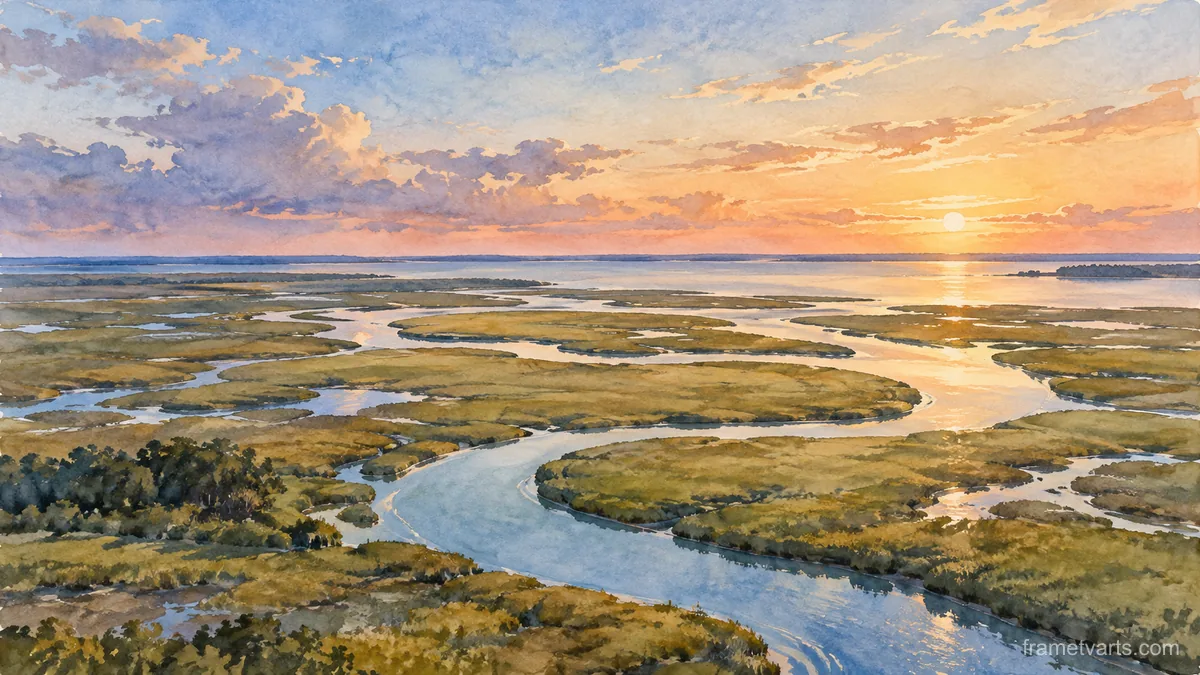 Salt marsh channels seen from above – coastal watercolor Samsung Frame TV art, 4K