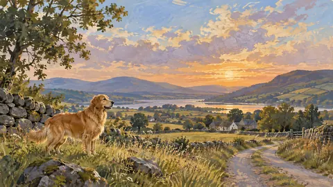 Golden dog beside a quiet country lane – naturalist gouache Frame TV art