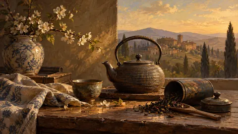 Teapot and loose tea leaves – classical oil still life Frame TV art