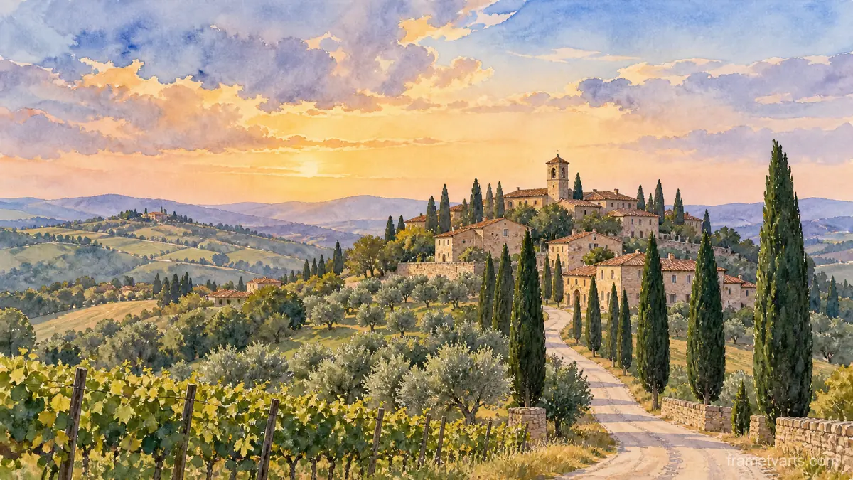 Tuscan-inspired hill village and cypress avenue – architectural watercolor Samsung Frame TV art, 4K