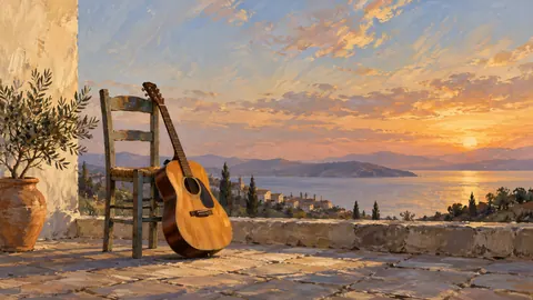 Acoustic guitar leaning against a plain chair – expressive figurative painting Frame TV art