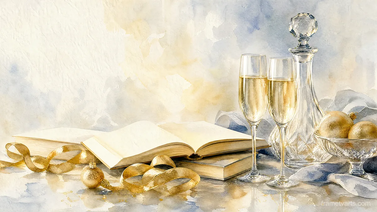 New Year still life of sparkling glass and gold ribbons – elegant watercolor Samsung Frame TV art, 4K