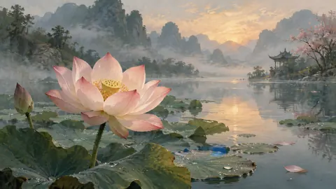 Lotus flower above still water – atmospheric tonal painting Frame TV art