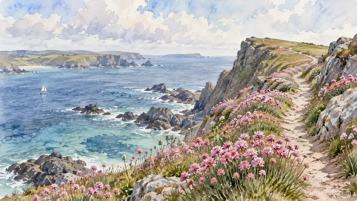 Clifftop path through pink thrift flowers – coastal watercolor Samsung Frame TV art, 4K