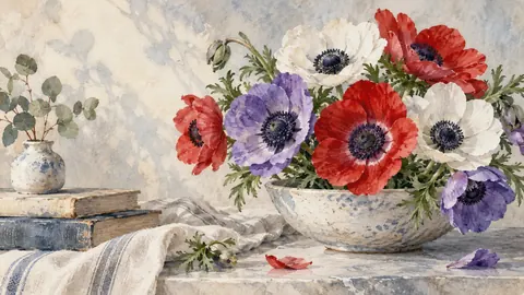 Anemones arranged in a shallow bowl – botanical watercolor Frame TV art