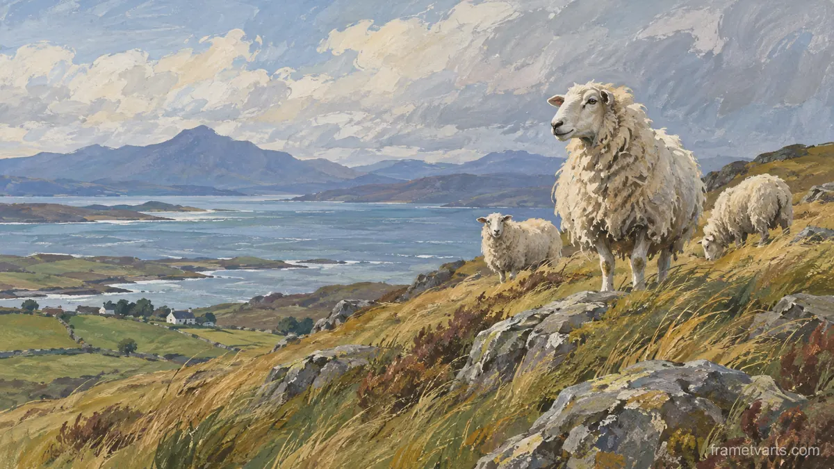 Sheep on a windswept hillside – naturalist gouache Samsung Frame TV art, 4K