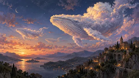 Cloud-shaped whales crossing a twilight sky – magical realist oil painting Frame TV art