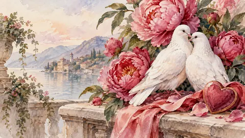 Valentine peonies and paired white doves – elegant watercolor Frame TV art