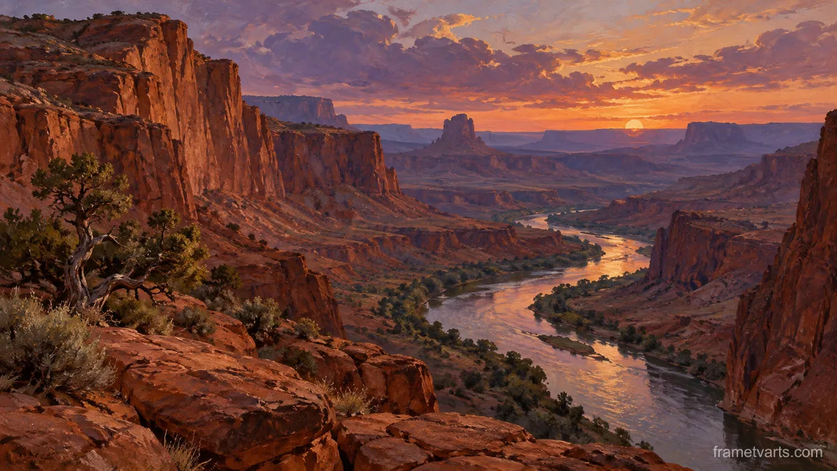 Red canyon and a narrow desert river – tonal oil painting Samsung Frame TV art, 4K