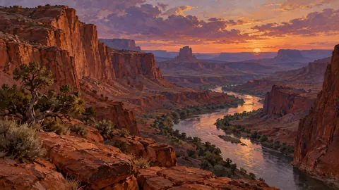 Red canyon and a narrow desert river – tonal oil painting Frame TV art