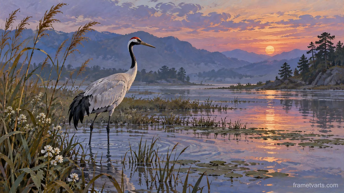 Crane standing in shallow water – naturalist gouache Samsung Frame TV art, 4K