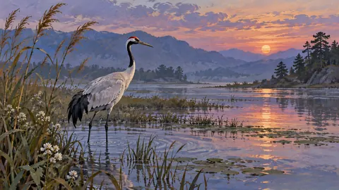 Crane standing in shallow water – naturalist gouache Frame TV art