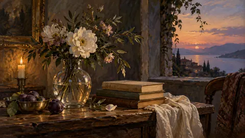 Glass vase beside stacked unmarked books – classical oil still life Frame TV art