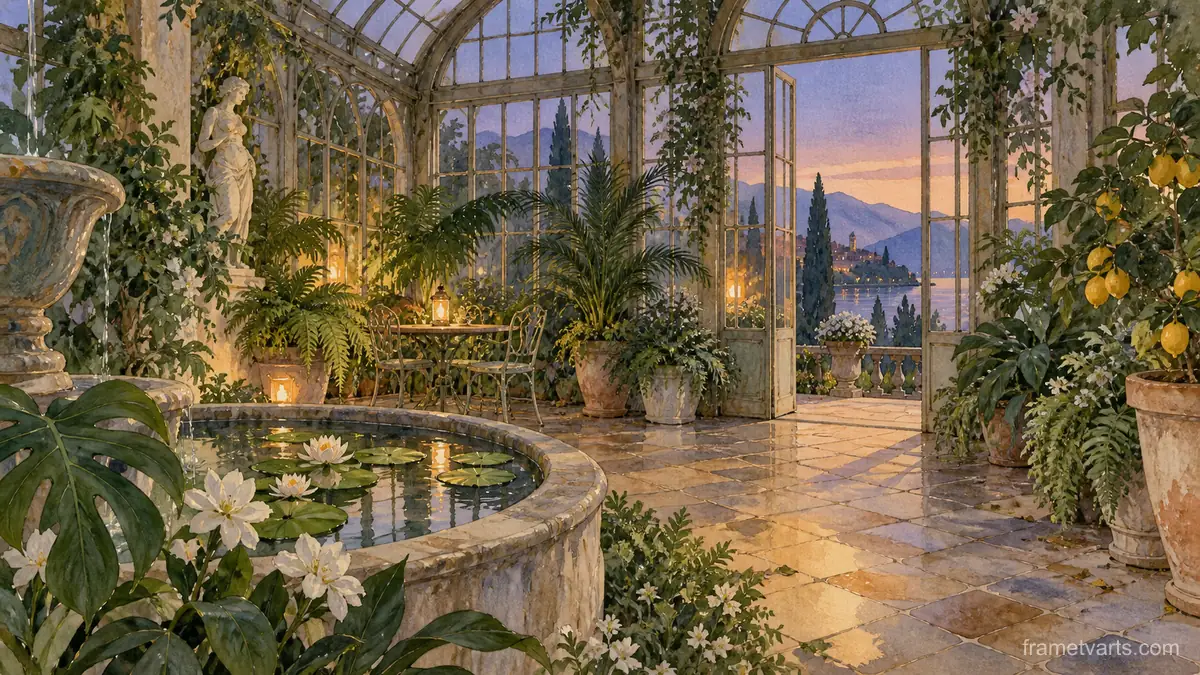 Old conservatory filled with green plants – architectural watercolor Samsung Frame TV art, 4K
