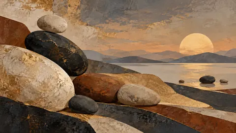 Scattered pebble shapes balanced asymmetrically – earth-tone textured abstraction Frame TV art