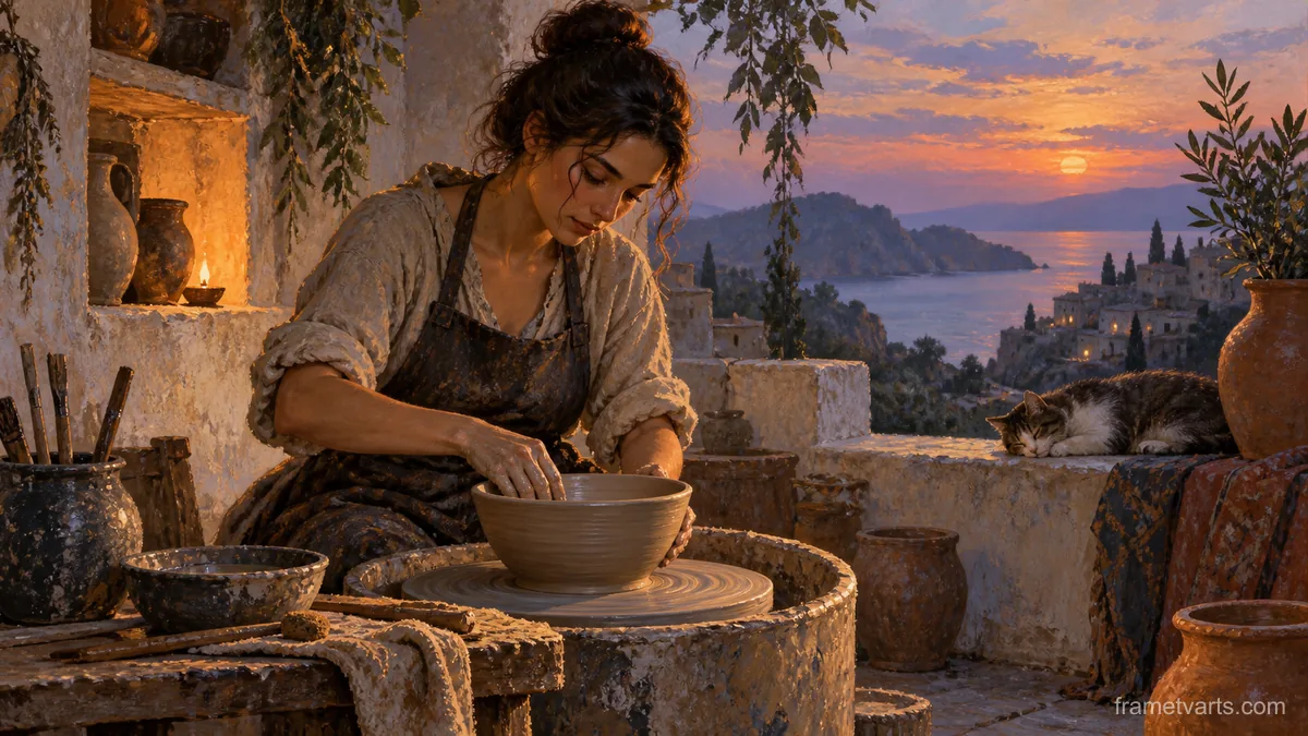 Potter shaping a bowl at a wheel – expressive figurative painting Samsung Frame TV art, 4K