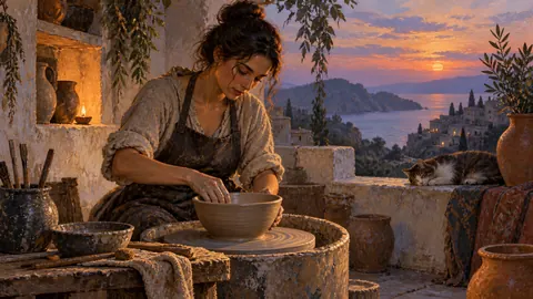 Potter shaping a bowl at a wheel – expressive figurative painting Frame TV art