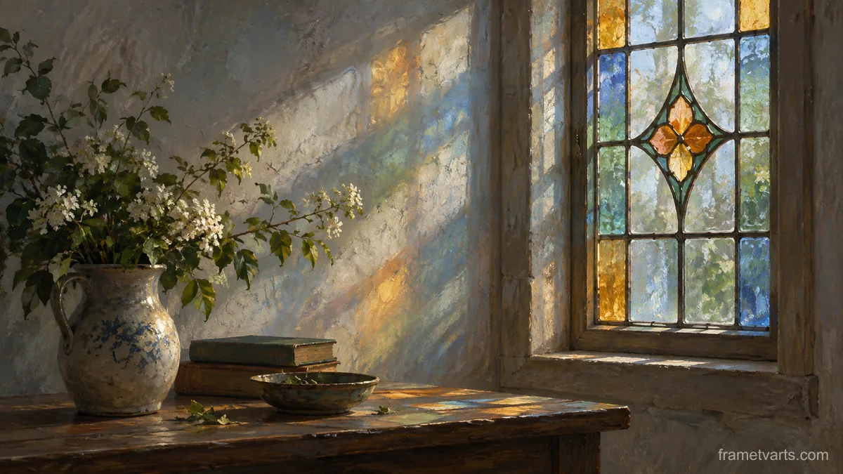 Sunlight through simple stained glass without figures – atmospheric tonal painting Samsung Frame TV art, 4K