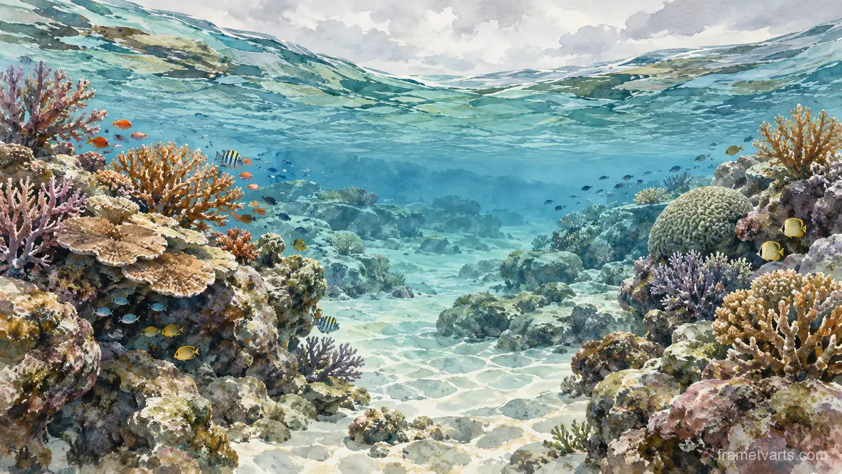 Coral reef viewed through clear shallows – coastal watercolor Samsung Frame TV art, 4K