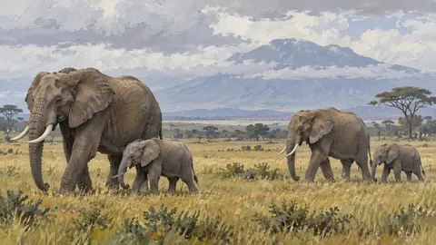 Elephant family crossing open grassland – naturalist gouache Frame TV art