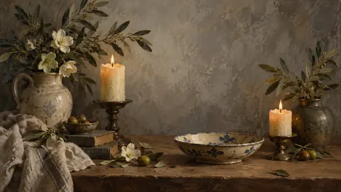 Candles and a shallow ceramic dish – classical oil still life Frame TV art