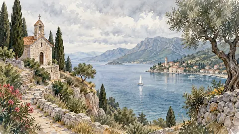 Small coastal chapel above a bay – architectural watercolor Frame TV art