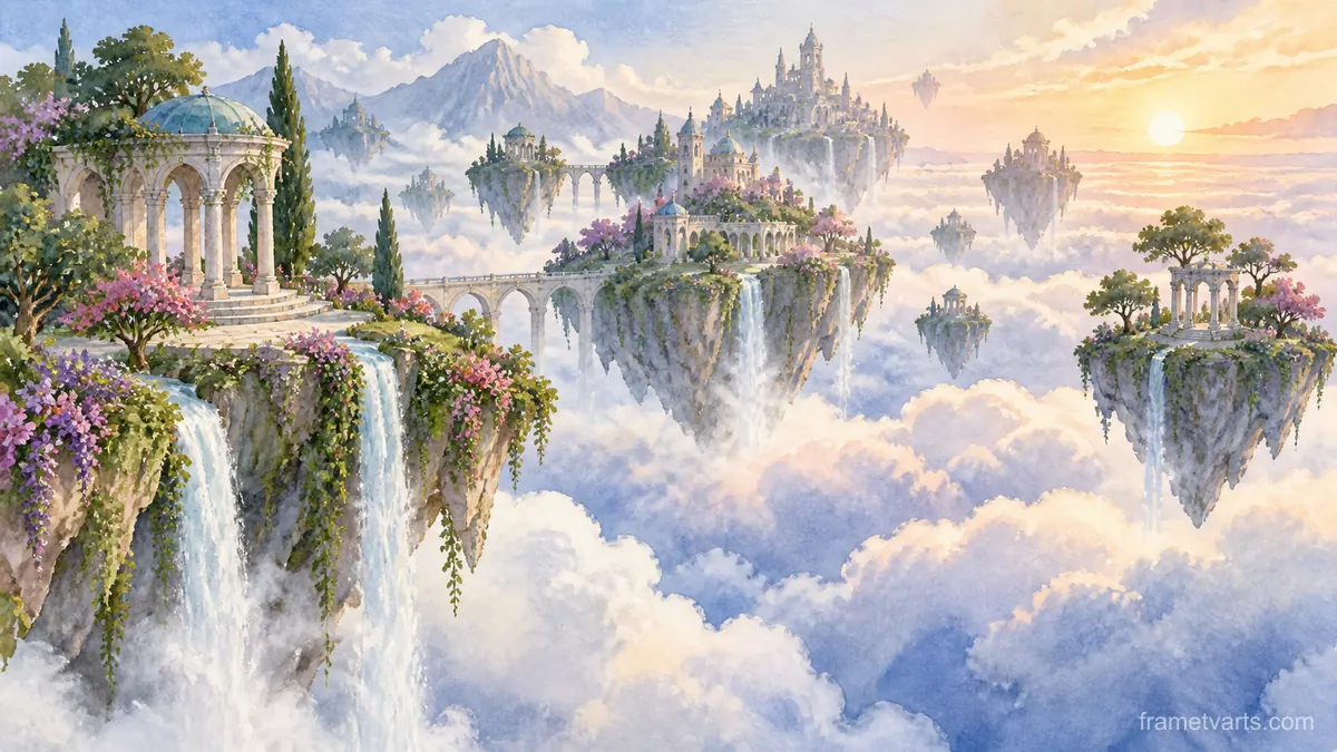 Floating garden islands over a cloud sea – dreamlike watercolor Samsung Frame TV art, 4K