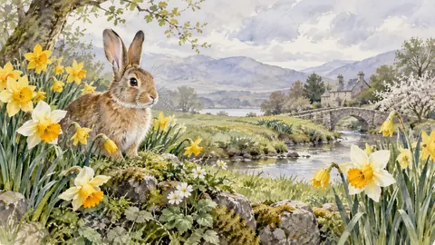 Easter rabbit among spring daffodils – elegant watercolor Frame TV art